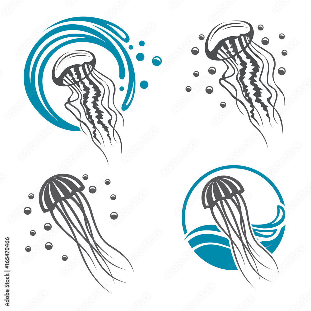 Fototapeta premium collection of jellyfish icon with sea waves