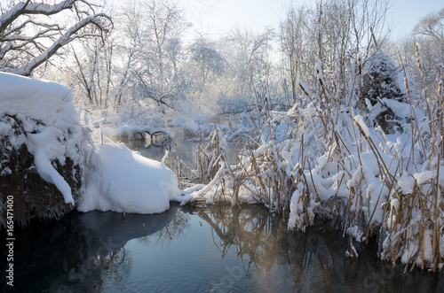 Frosty winter morning on the bank of small forest river.River Konchura in Moscow region,Russia. photo