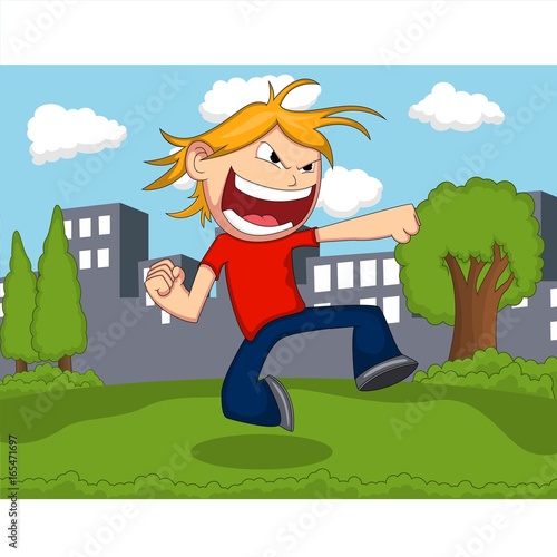 A cartoon man punches cartoon