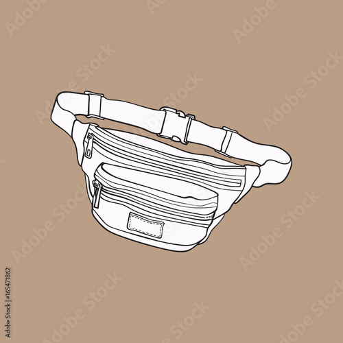 Old fashioned, retro style colorful waist bag, fashion accessory from 90s, sketch vector illustration isolated on brown background.