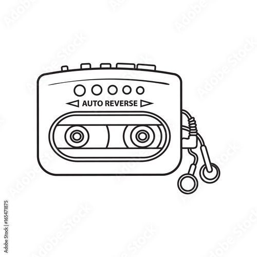 Old fashioned, retro black and yellow audio player, walkman from 90s, sketch vector illustration isolated on white background. Front view of hand drawn audio player, walkman with ear buds, head phones
