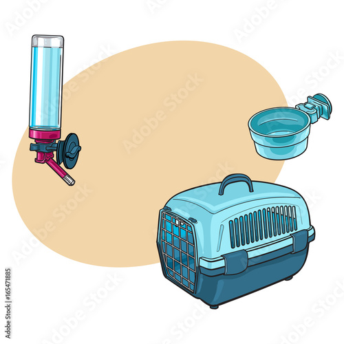 Plastic pet travel carrier, feeding bowl and refillable drinker, sketch vector illustration with space for text. Hand drawn plastic pet carrier, bowl and drinker for pet transportation