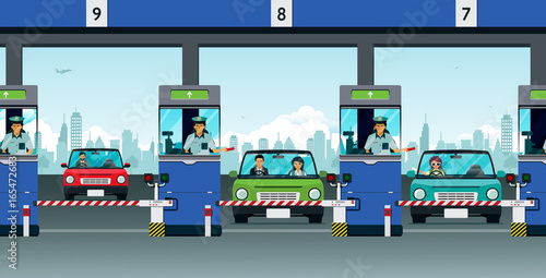 Highway officials collect money from passing cars.