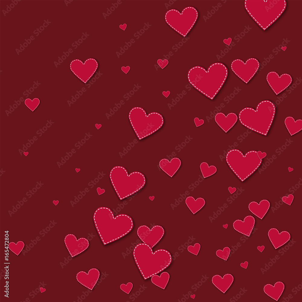 Red stitched paper hearts. Abstract random scatter on wine red background. Vector illustration.