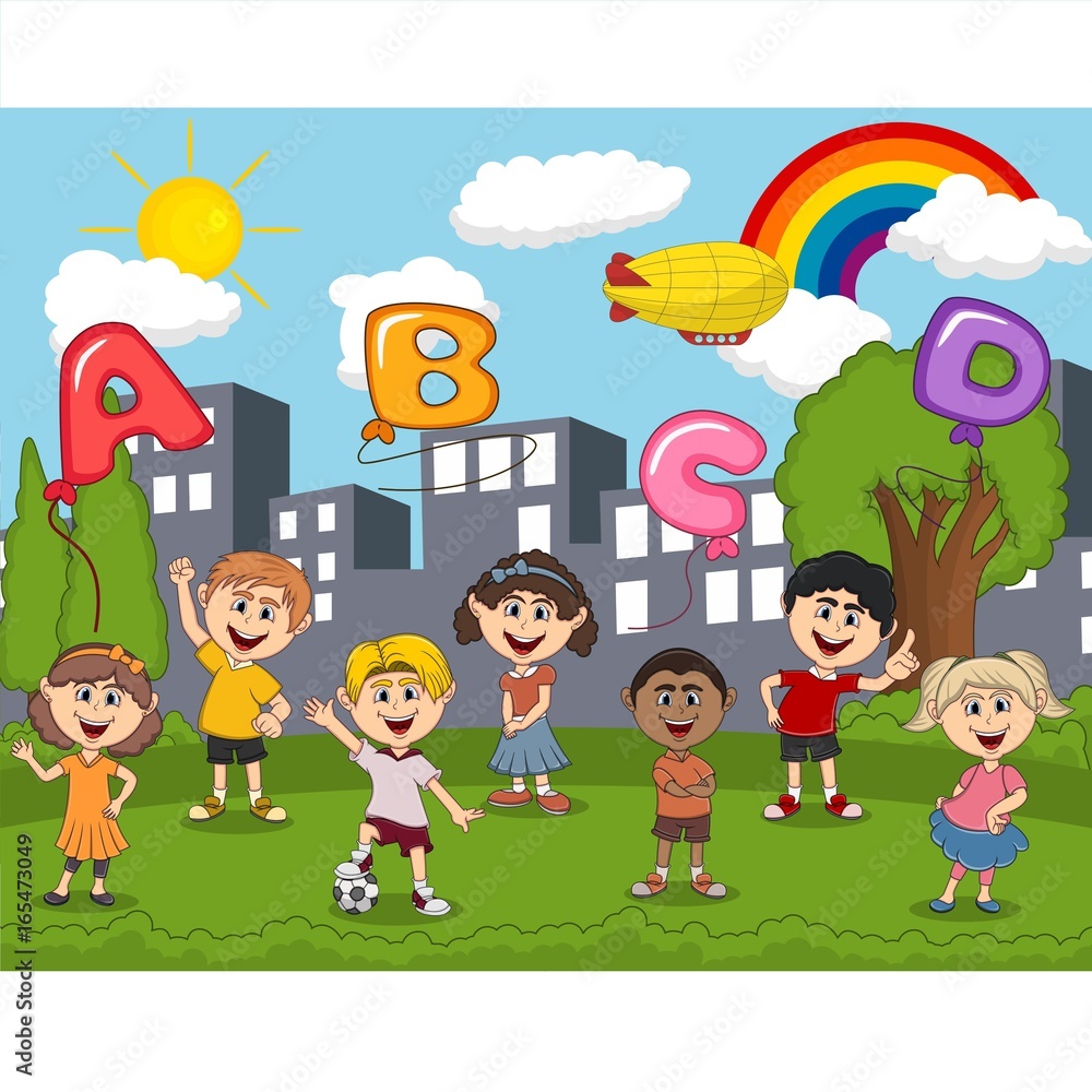 Children playing at the park with letter balloon and rainbow cartoon