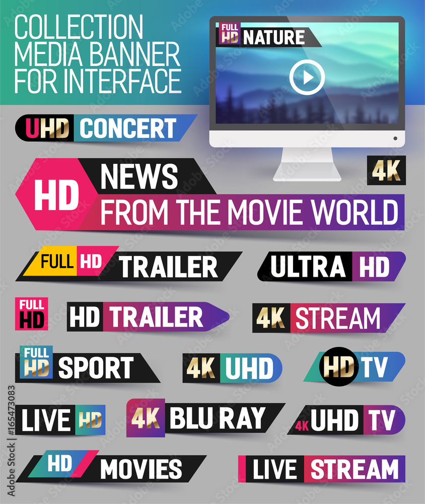 Collection media banner for interface, live news, breaking news, full hd trailer, news label, ultra HD, Sport, live stream inscription