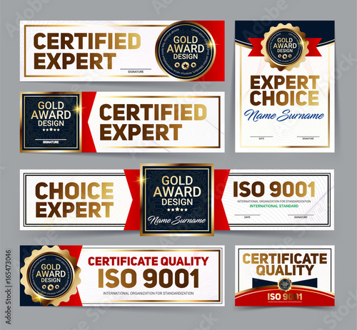 Set of vector mini certificate quality banners with line protection and gold award emblem, ISO 9001 certified, Vector illustration
