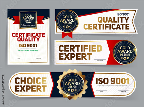 Set of vector mini certificate quality banners with line protection and gold award emblem, ISO 9001 certified, Vector illustration