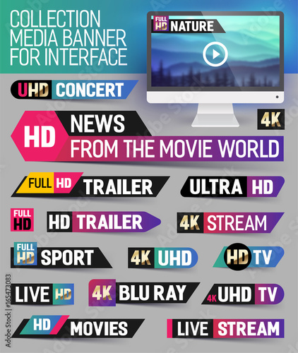 Collection media banner for interface, live news, breaking news, full hd trailer, news label, ultra HD, Sport, live stream inscription. Vector Illustration.