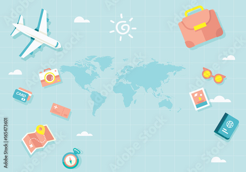 Funny travel icons and map of the world