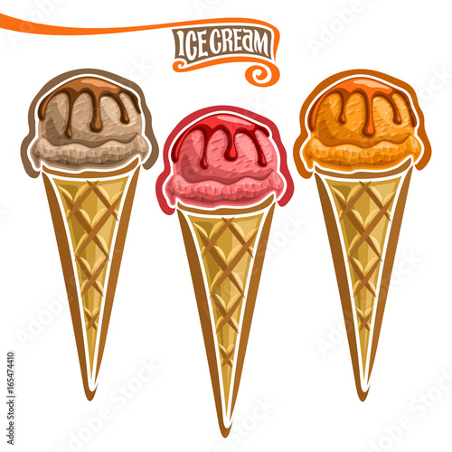 Vector set of Ice Cream in Waffle Cone: 3 wafer cones with different flavor ice cream isolated on white background, gelato ice cream topping of chocolate sauce, fruit strawberry sorbet ball in waffle.