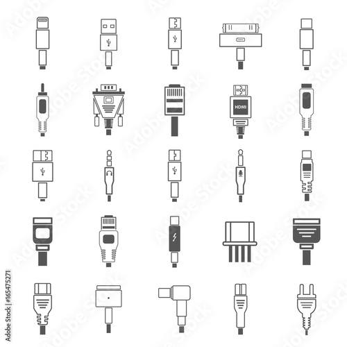Electric plug, connectors and jack flat line icons set. Collection Connection technology, connector electric power, mobile devices connect, wire and socket