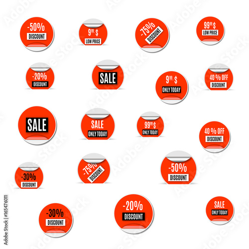 Set of red paper stickers of discount and sale, vector illustration.