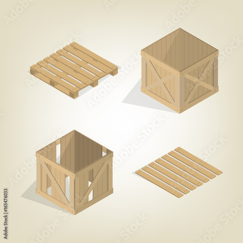 Realistic wooden box with pallet isometric, vector illustration.