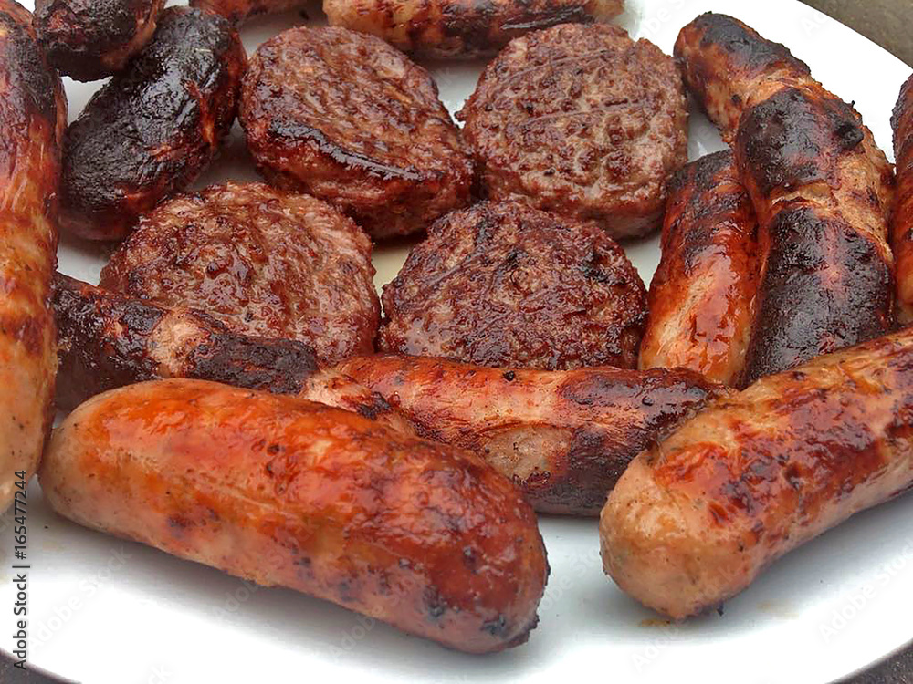 Grilling Season. BBQ Meat - beef and pork. Sausages and Burgers Grilling Season. BBQ Meat - beef and pork. Sausages and Burgers