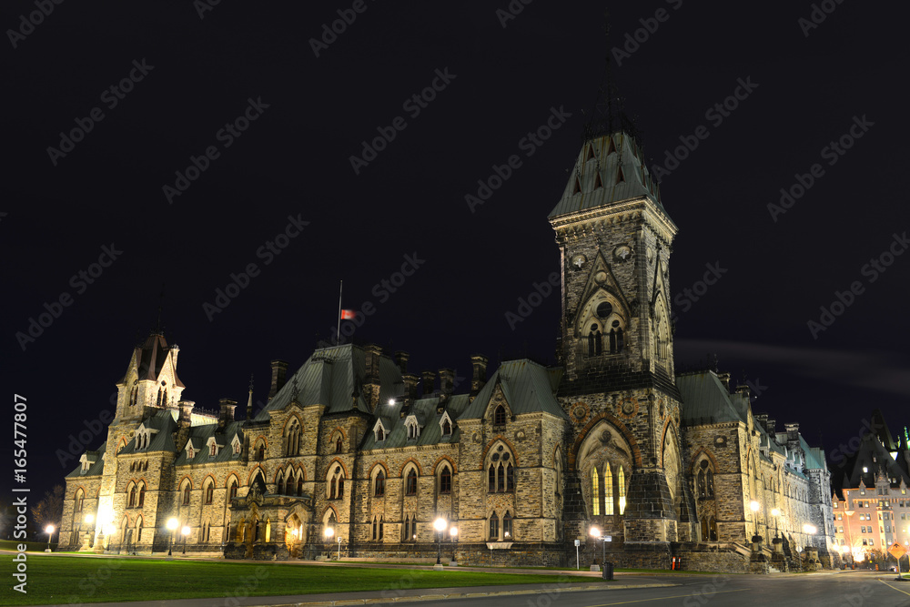 East Block of Parliament Buildings at night, Ottawa, Ontario, Canada.