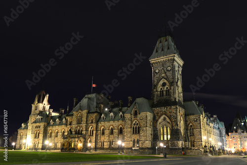 East Block of Parliament Buildings at night, Ottawa, Ontario, Canada.