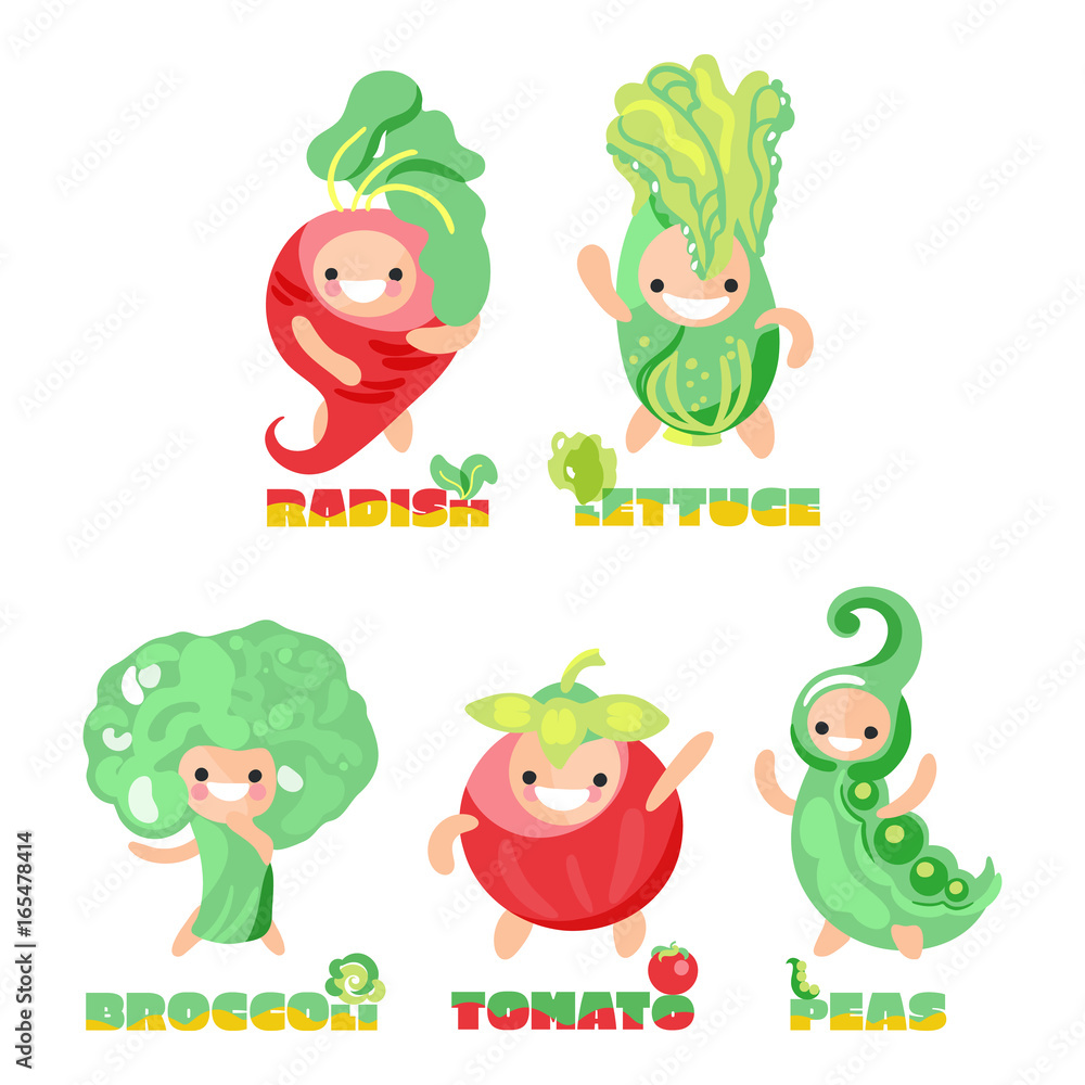 Obraz premium Cute (kawaii) vegetable set. Tomato, lettuce, peas, radish and broccoli. Cartoon style. Kids illustration