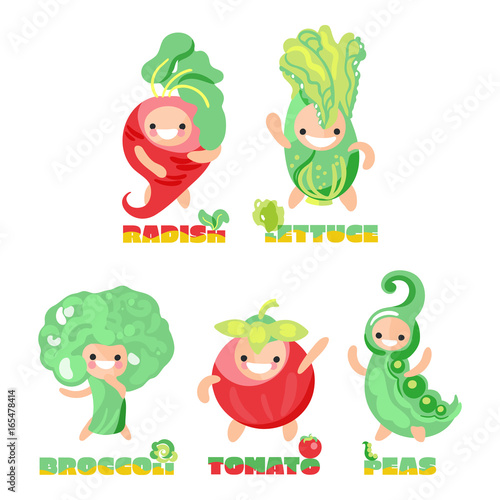 Cute  kawaii  vegetable set. Tomato  lettuce  peas  radish and broccoli. Cartoon style. Kids illustration