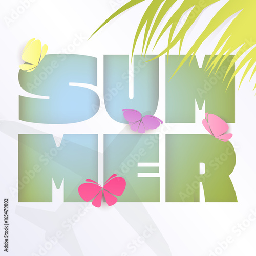 Paper cutting summer background. Summer typography, multiple exposure. Palm leaves and butterflies, plane shadow