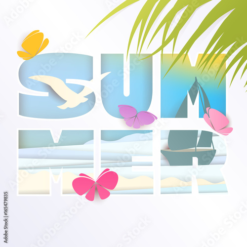 Paper cutting summer background. Summer typography, multiple exposure. Palm leaves and butterflies, plane shadow