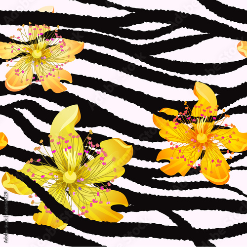 Summer seamless pattern / background, tropical flowers, banana leaves and zebra lines. Bright pink, yellow and green colors