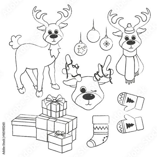 Elche und weihnachtliche Accessoires - handgezeichnet Stil
