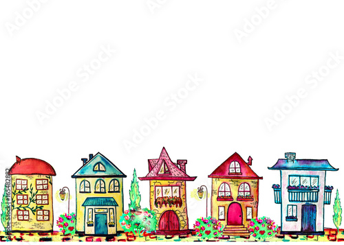 Hand drawn watercolor street border with different houses, tree, and lamp on a white background