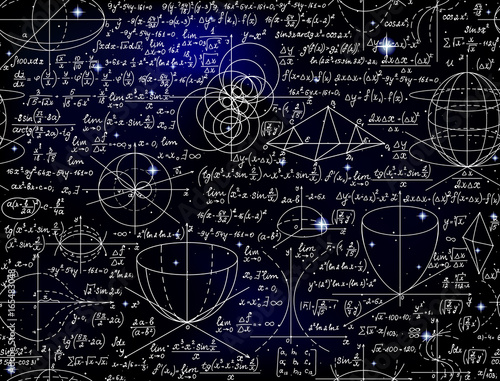 Math vector endless seamless pattern with formulas, figures and calculations handwritten on the starry space background. Scientific endless texture