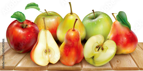 Apples and pears on a wooden surface