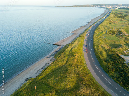 View from above of road seafront beach golf Aberdeen Scotland UK