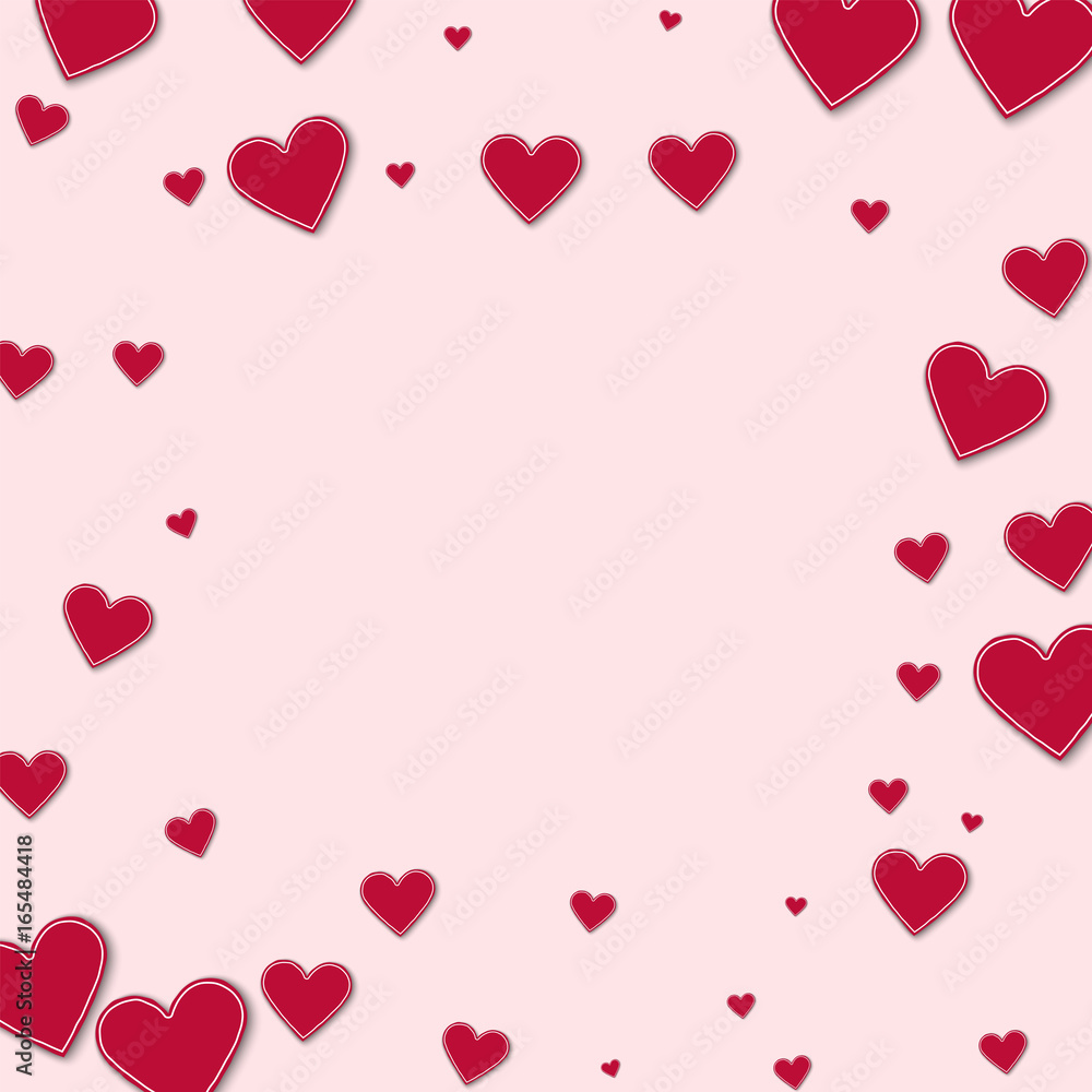 Cutout red paper hearts. Square scattered frame on light pink background. Vector illustration.