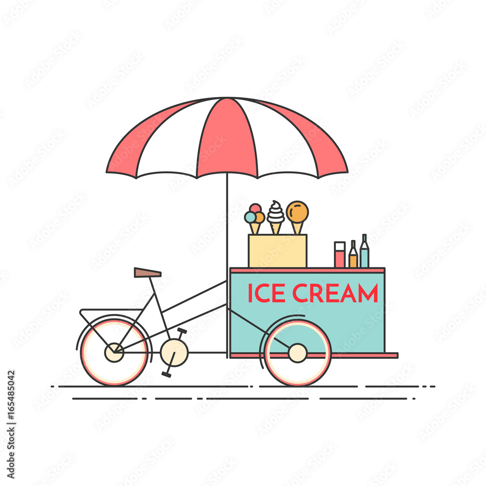 Ice cream bicycle. Cart on wheels. Food and drink kiosk . Vector  illustration. Flat line art. Stock Vector