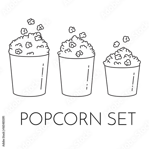 Set of cups with popcorn and kernels flying into the bucket. Different sizes of popcorn boxes isolated on white background.