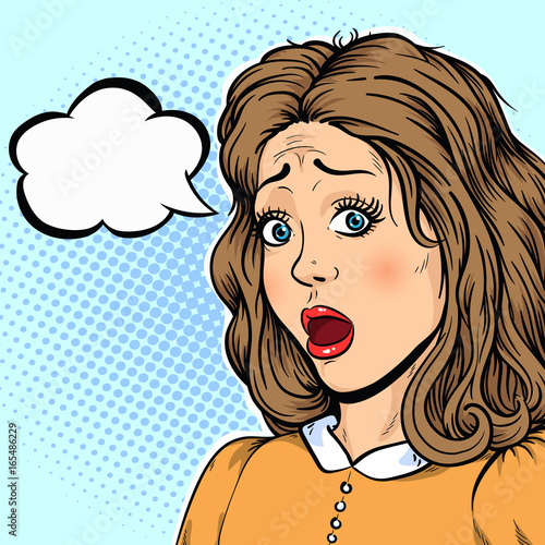 Confused woman face with thinking balloon vector illustration in pop art retro comic style.