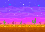 Pixel art sunset in the desert.