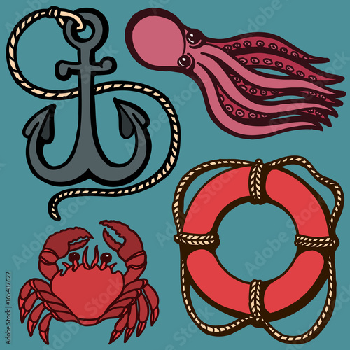 Ship s anchor, lifebuoy and marine animals. Marine set. Isolation objects. Vector illustrations