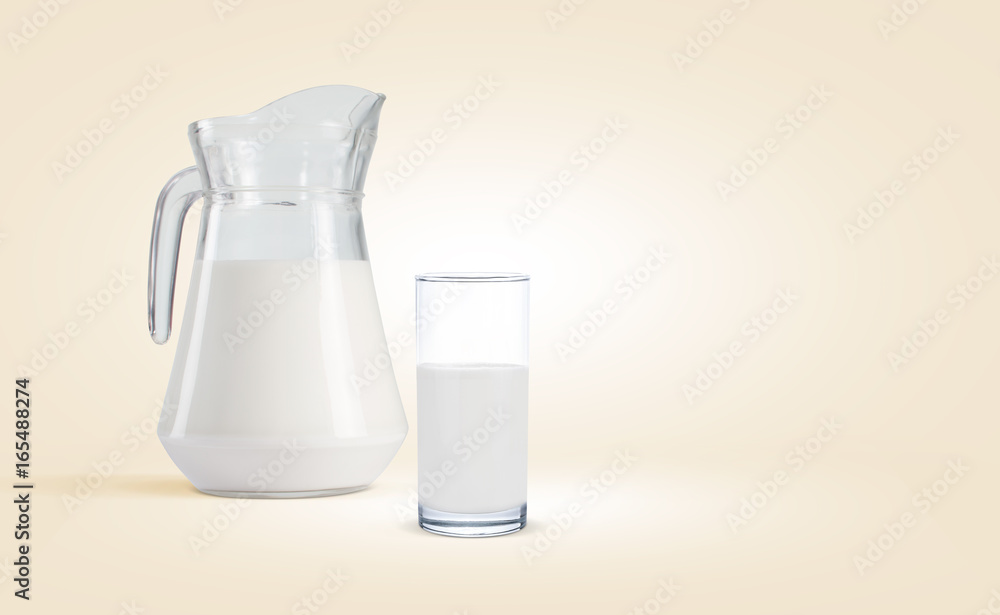 Beige background water bottle and milk in the glass Beige background water bottle and milk in the glass