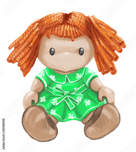 Doll vector. Rag toy. Threads, red hair, green dress.
