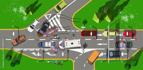 Top view road incident with Muscle cars in the city
