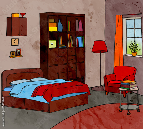 Color vector illustration of modern bedroom with furniture: bed, armchair, table, cupboard, lamp, window, pots, clock. Watercolor texture.