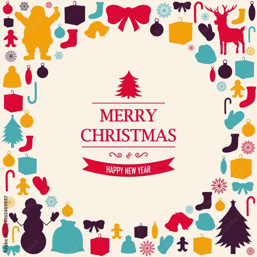Fototapeta premium Christmas greeting card with merry christmas and happy new year wishes. Christmas design elements. Vector