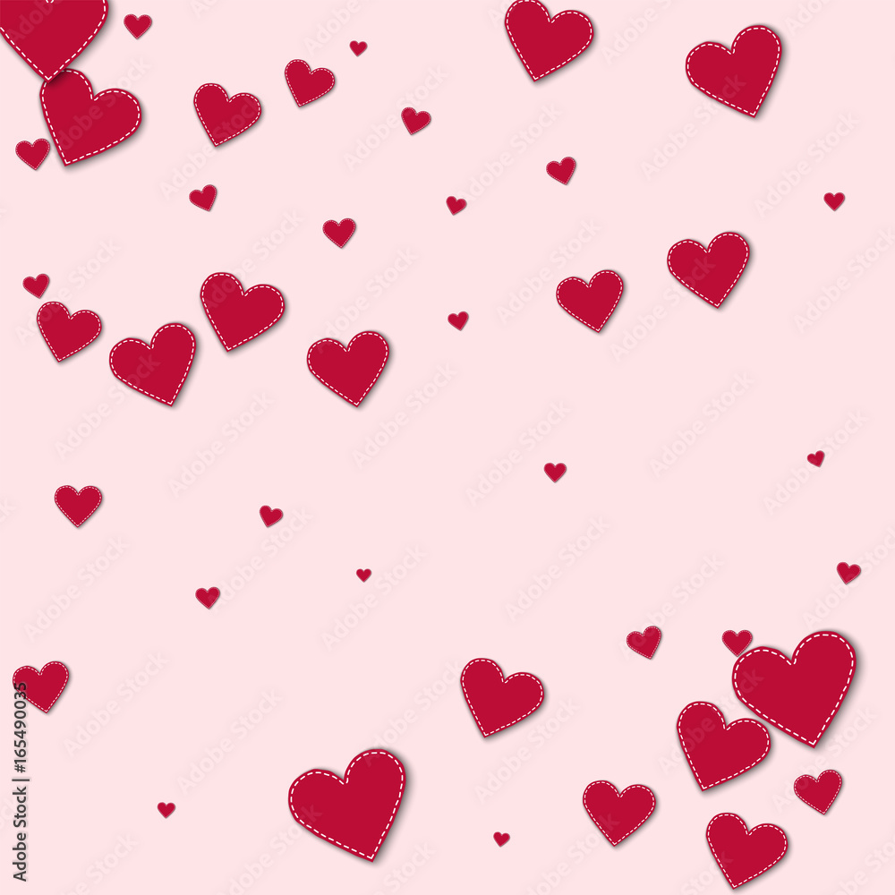 Red stitched paper hearts. Scatter pattern on light pink background. Vector illustration.