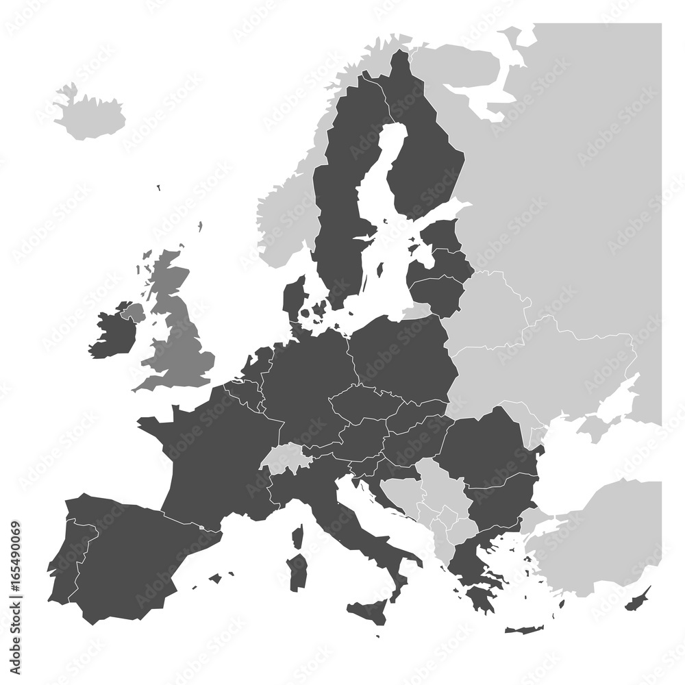 Obraz premium Mapa Europy z ciemnoszarymi państwami członkowskimi UE i Wielką Brytanią w innym kolorze. Ilustracji wektorowych. Uproszczona mapa Unii Europejskiej.