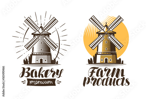 Ancient windmill, mill logo or label. Agriculture, farming, agribusiness icon. Vintage vector illustration