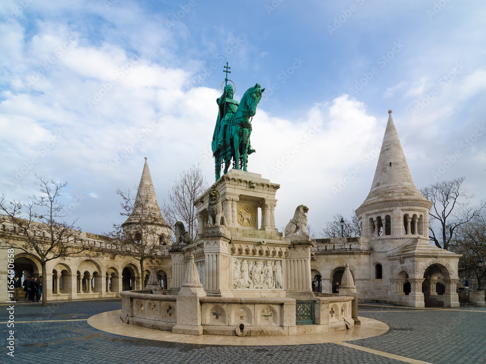 Equestrian statue of Stephen I of Hungary at the Fisherman's Bastion in Budapest