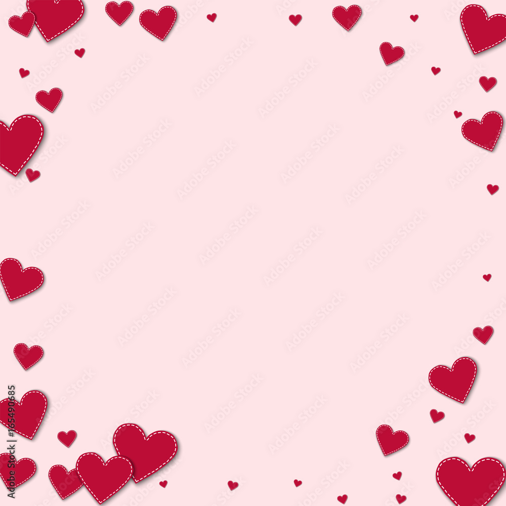 Red stitched paper hearts. Corner frame on light pink background. Vector illustration.