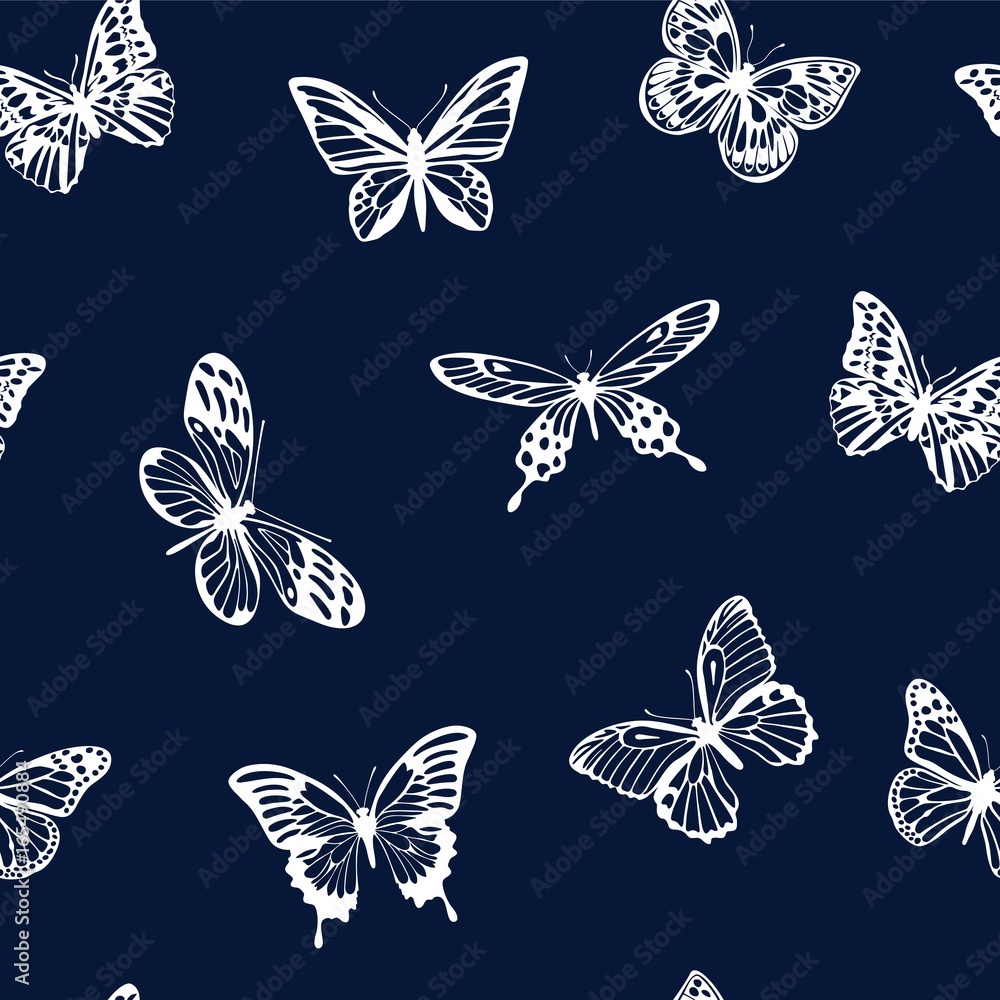 Pattern with white silhouettes of butterflies on blue background. Vector. Pattern with white silhouettes of butterflies on blue background. Vector.