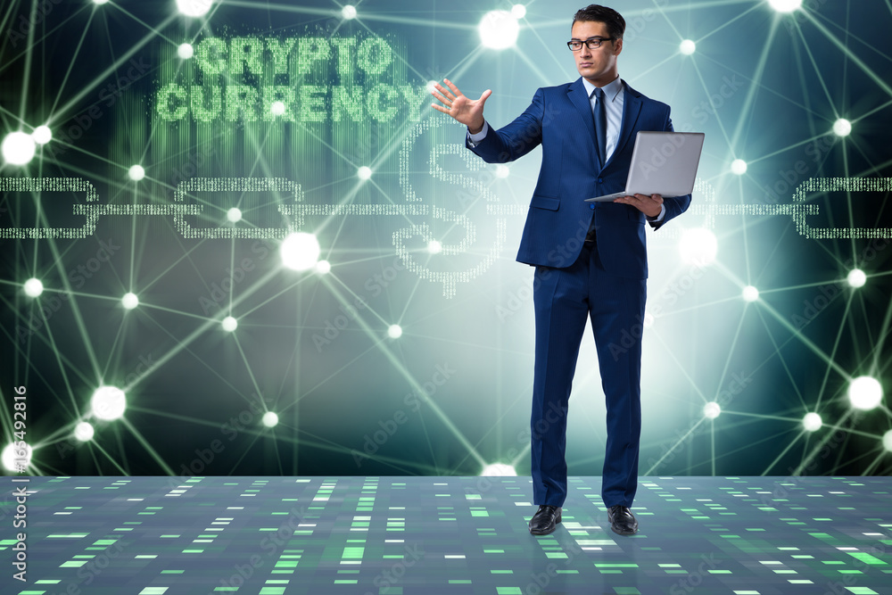 Businessman in blockchain cryptocurrency concept Businessman in blockchain cryptocurrency concept