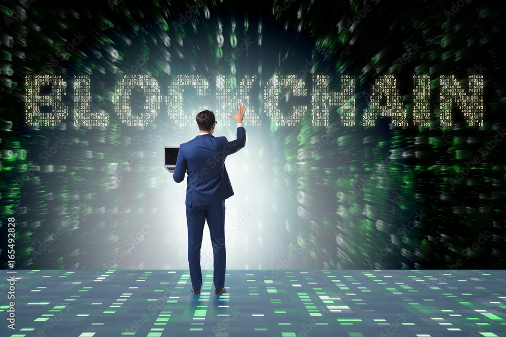 Fototapeta premium Businessman in blockchain cryptocurrency concept